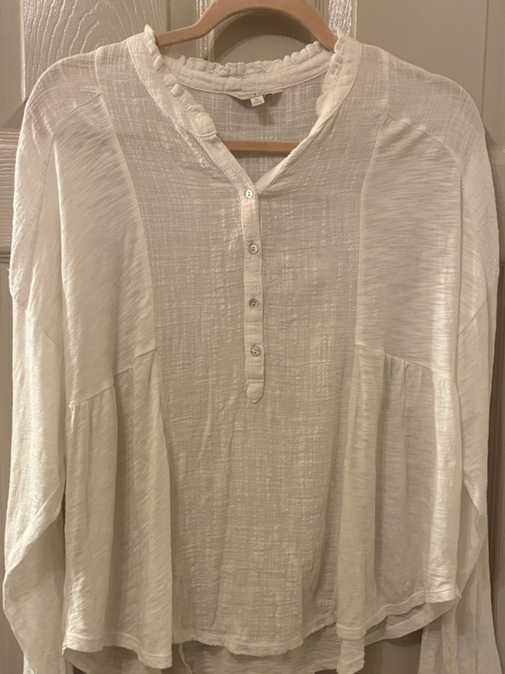 Lucky Brand Cream Button-Front Ruffle Neck Long Sleeve Blouse